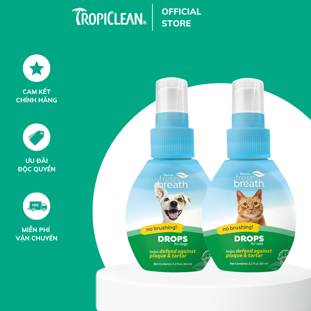 Nước uống vệ sinh răng miệng đậm đặc cho Chó Mèo Tropiclean Fresh Breath Drops 65ml