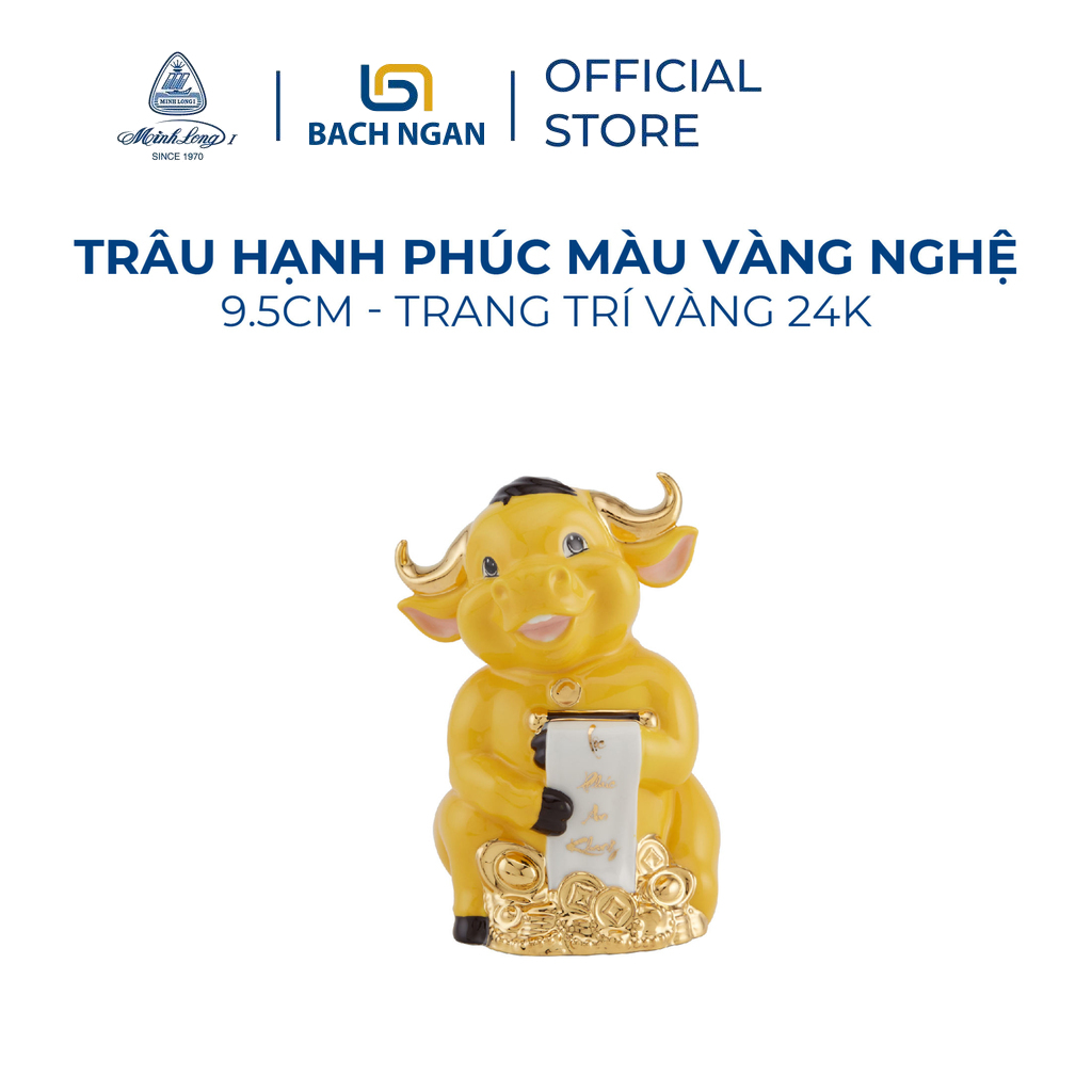 Tượng Trâu Hạnh Phúc Minh Long 9.5 cm màu Vàng Nghệ, dát vàng 24k dùng trang trí Tết 2021, trâu phong thủy mang lại tài lộc, hàng sứ cao cấp