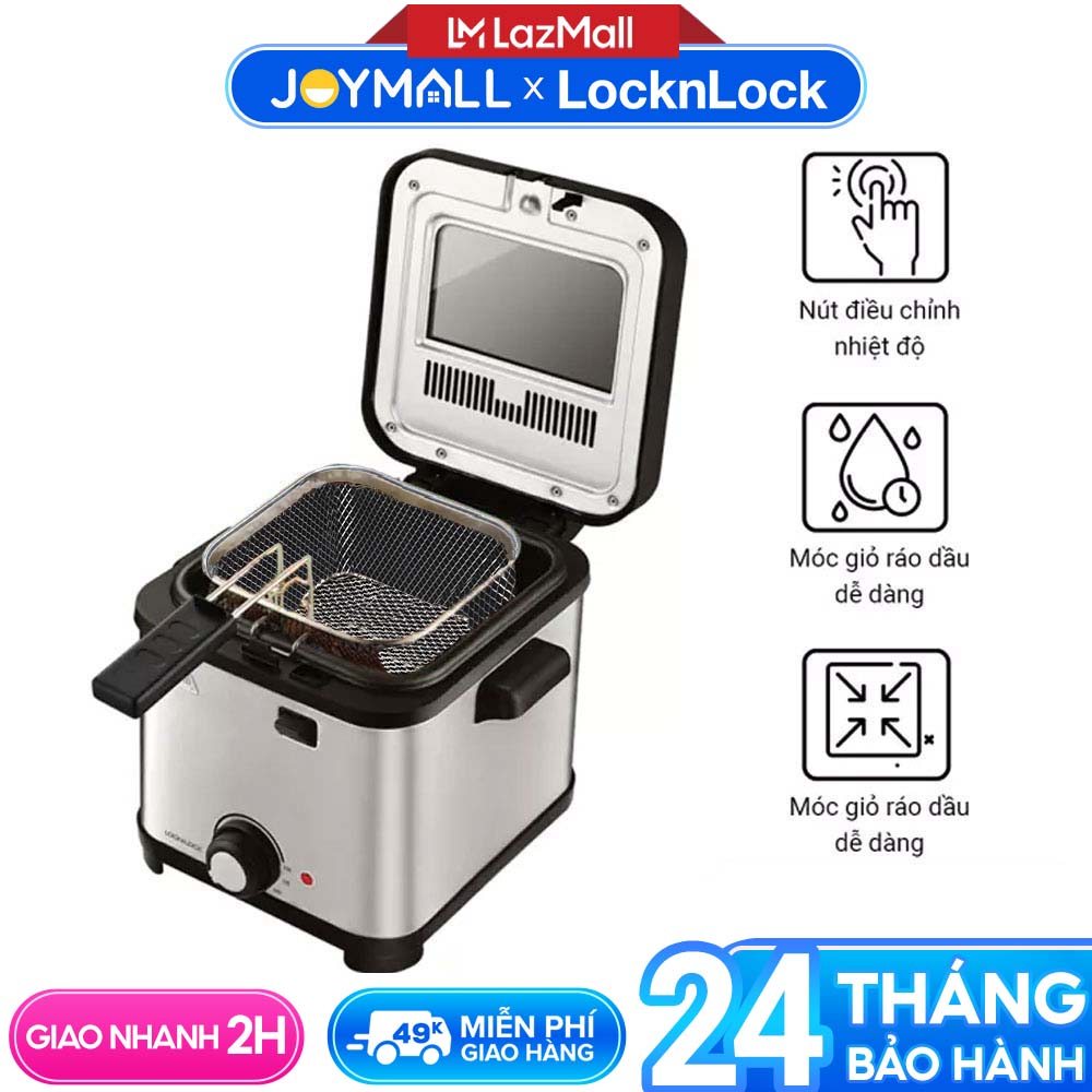 Nồi chiên ngập dầu Lock&Lock EJF716SLV 1.5 lít chiên giòn khoai, thực phẩm ngập dầu - Hàng chính hãng, mặt kính tiện lợi quan sát - JoyMall