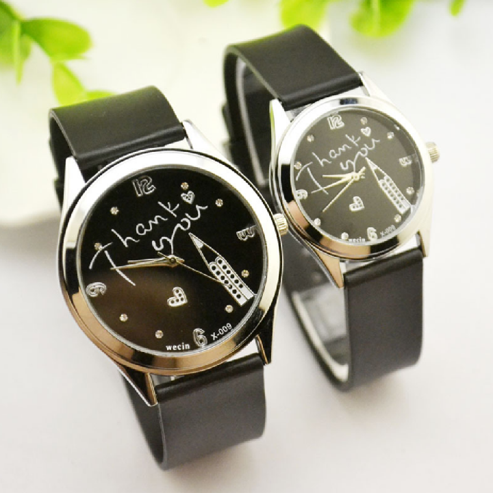 [HCM]Đồng hồ đôi đẹp giá rẻ mặt họa tiết chữ Thankyou - Giá bán trên là 2 chiếc như hình + tặng kèm thêm 2 viên pin