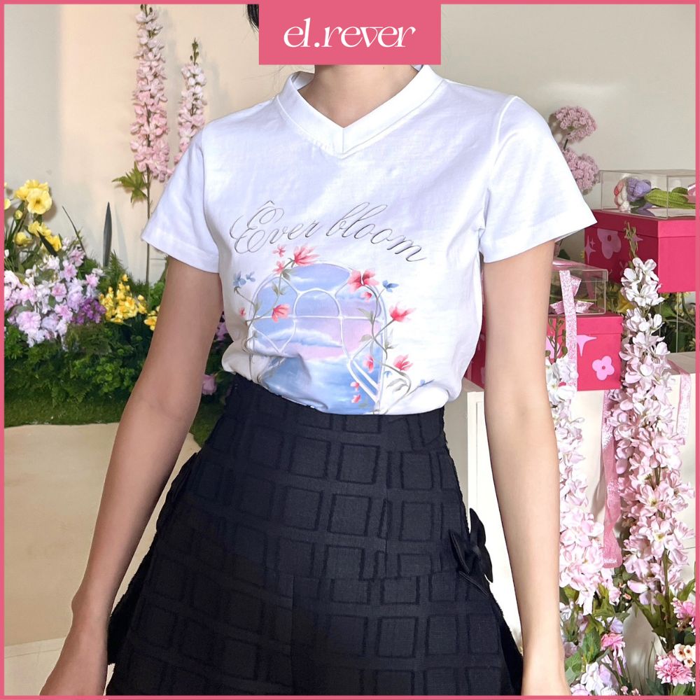 El.rêver - áo thun baby tee nữ 100% cotton họa tiết chữ êver bloom - màu trắng - 0323t01