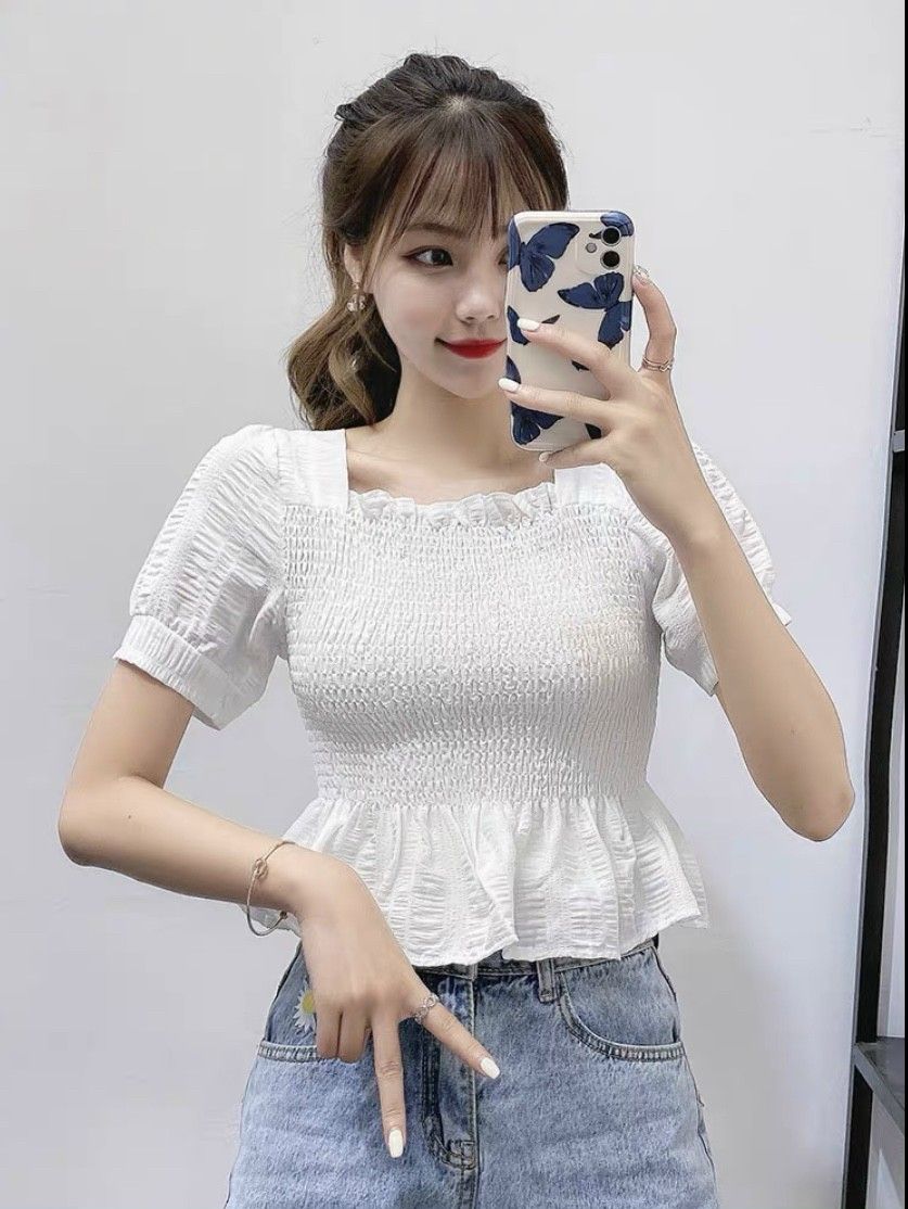 ÁO NỮ# ÁO NHÚN THÂN# ÁO KIỂU CỔ VUÔNG# ÁO KIỂU DÁNG CROPTOP# ÁO TAY NGẮN BÓ TAY, FORM TỪ 38KG ĐẾN 45KG, BOSS QUYỀN LỰC