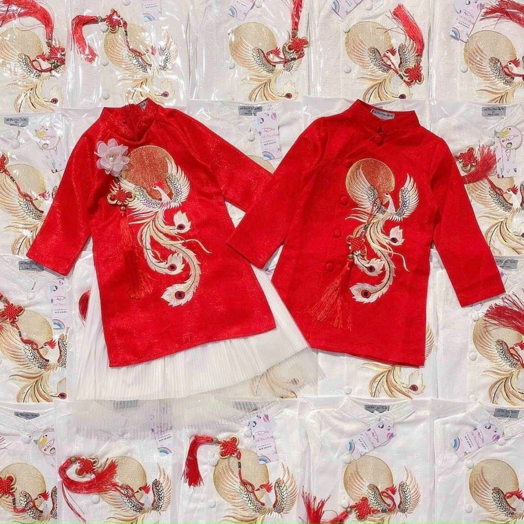 [HCM]Áo Dài Bé Gái Diện Tết Thêu Hình Mẫu Công & Dây Tua Ban (Set 3 món: Áo Dài Chân Váy Mấn Đội Đầu)