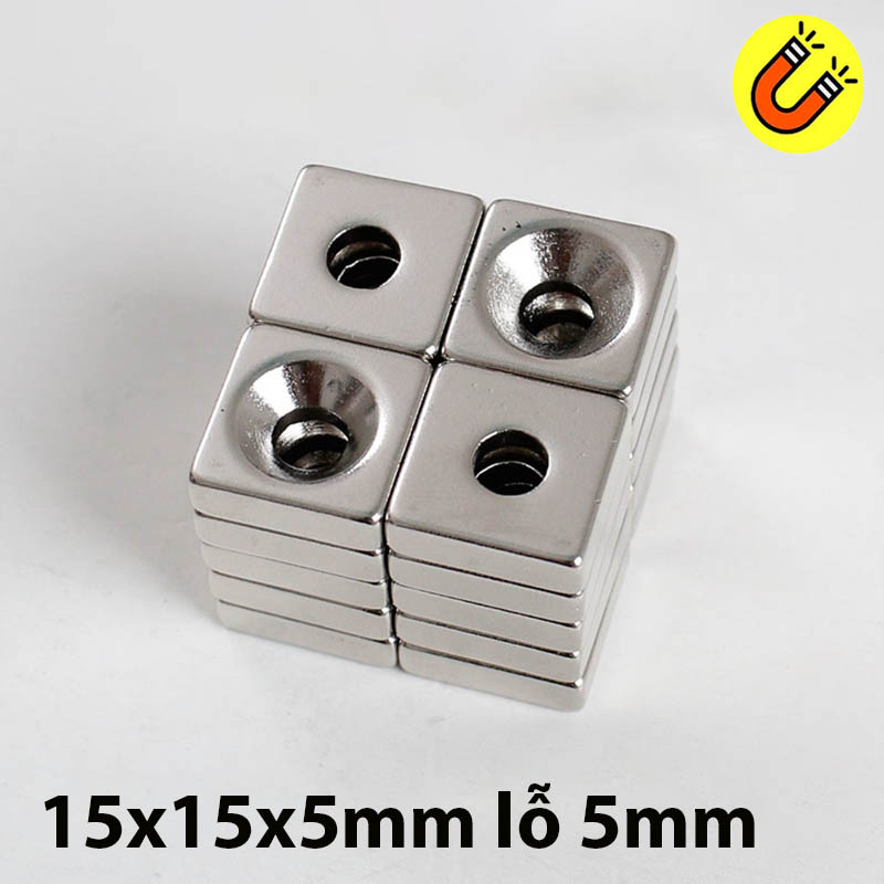 Viên nam châm kích thước 15x15x5 lỗ vát 5mm