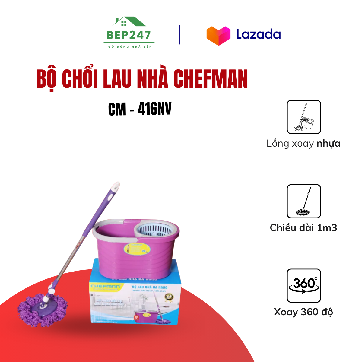 Bộ lau nhà thông minh tự vắt 360 độ chefman, chổi lau nhà đa năng thông minh tự vắt xoay 360 độ - bảo hành 12 tháng