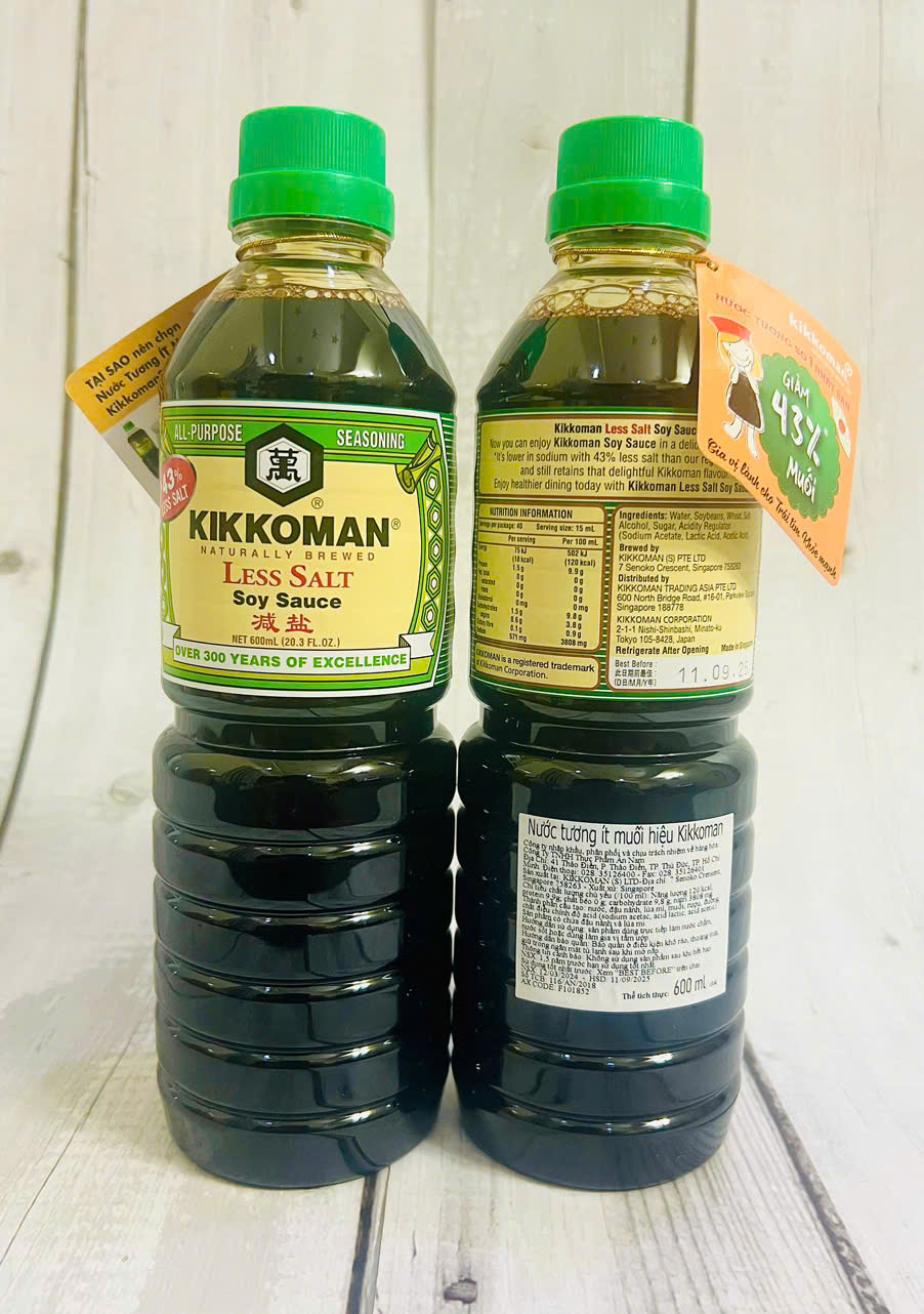 Nước Tương Kikkoman Ít Muối 600ML - Nước Tương Giảm Muối, Đậm Đà Vị Tự Nhiên