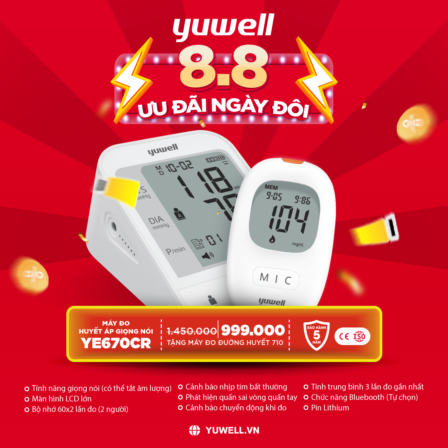 Máy đo huyết áp bắp tay giọng nói yuwell ye670cr - pin sạc, bh 5 năm