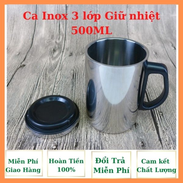 Ca Inox 500ml Có quai cầm cách nhiệt- ca sử dụng 2 lớp inox dày và có nắp đậy kín. Chất inox càng sài càng bóng.