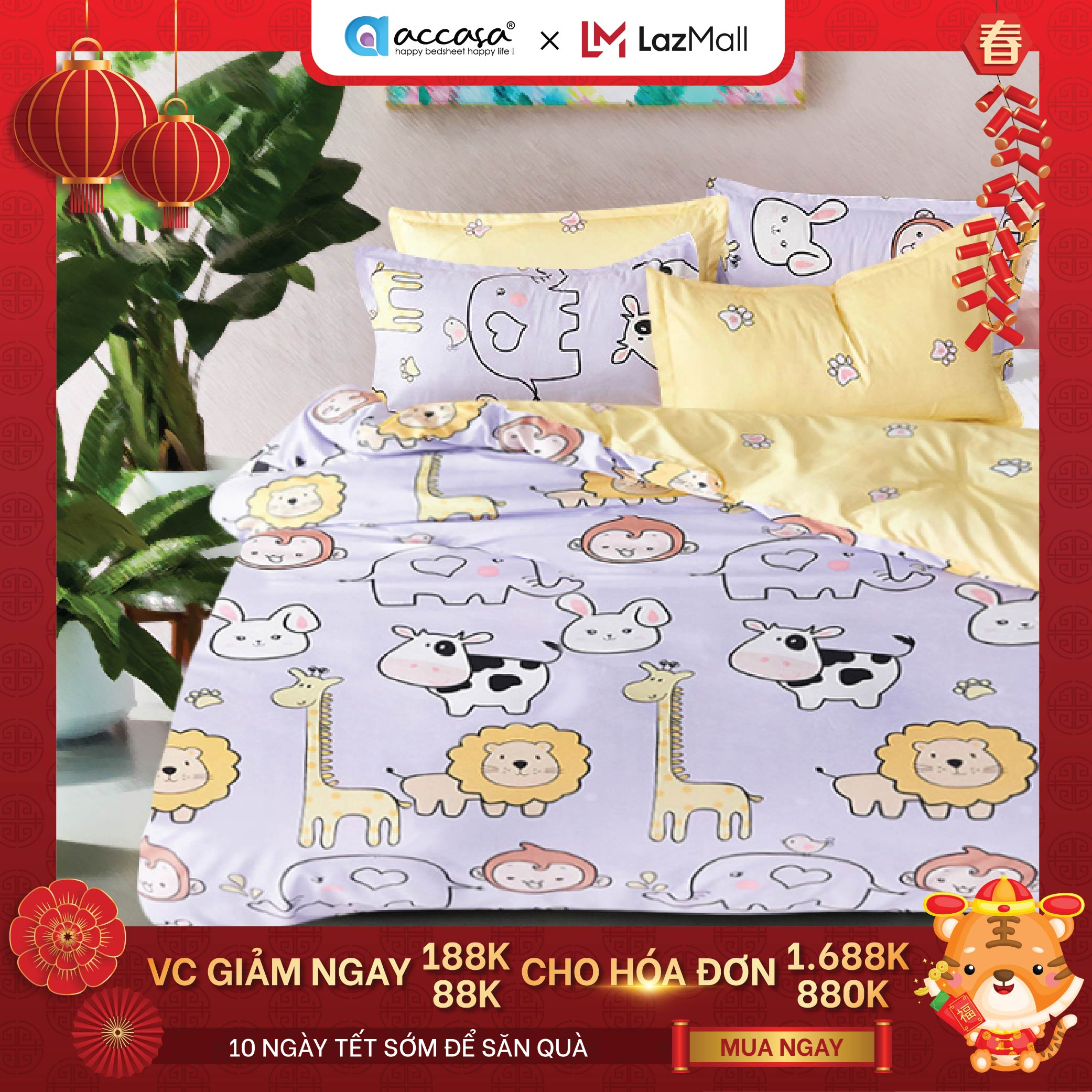 Ga giường 3 đến 5 món cotton poly Sở Thú Accasa Lifestyle chống phai nhăn xù lông Malaysia chình hãng độc quyền