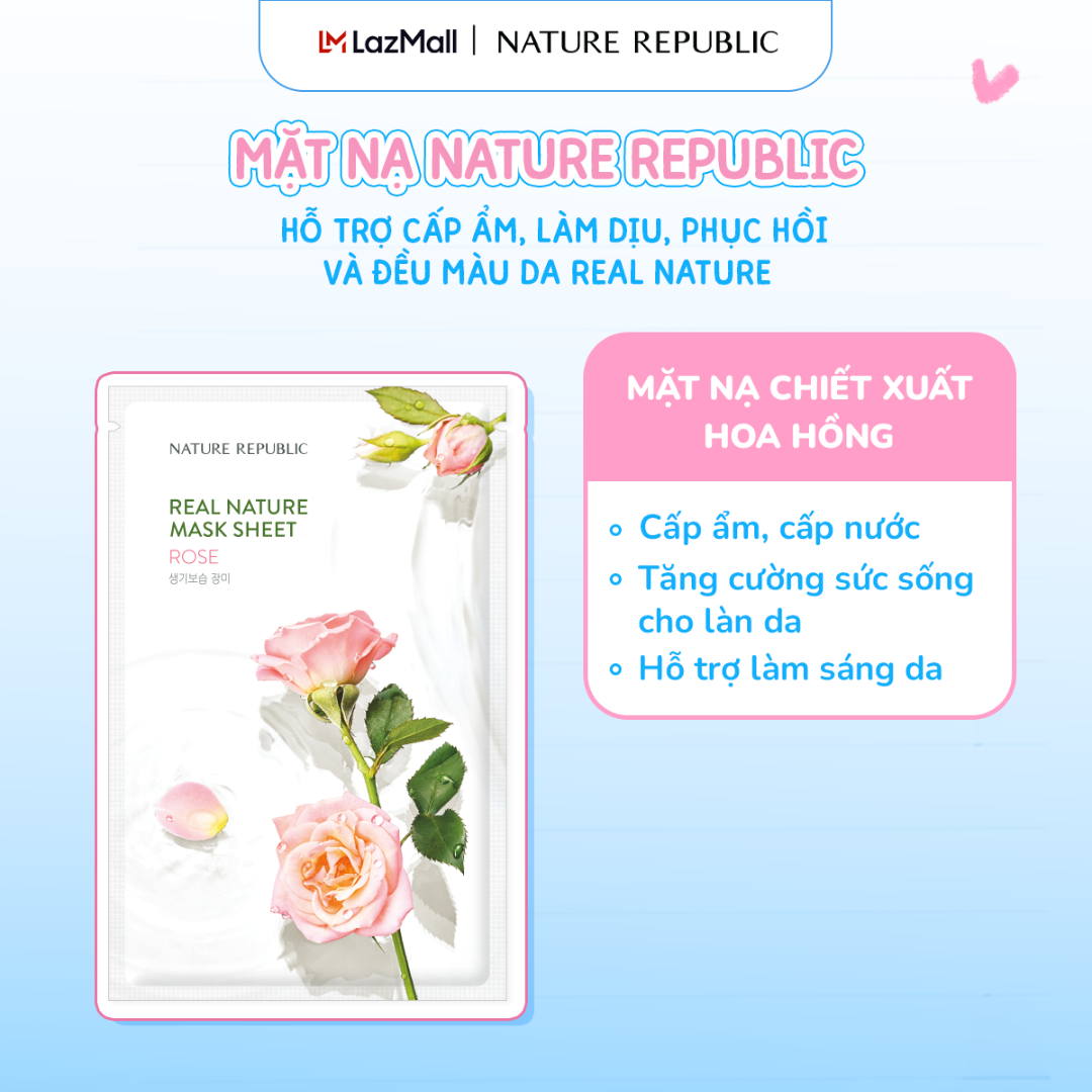  Nature Republic Mặt nạ giấy dưỡng ẩm dưỡng sáng làm đều màu da Real Nature Rose Mask Sheet 23ml 