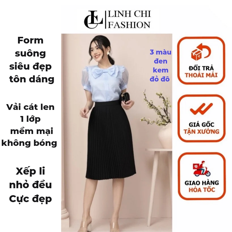 chân váy xếp li LINH CHI  dáng suông dài  65cm  vải cát len rũ đẹp không bị bóng Mặc dài qua gối dây kéo bên hông