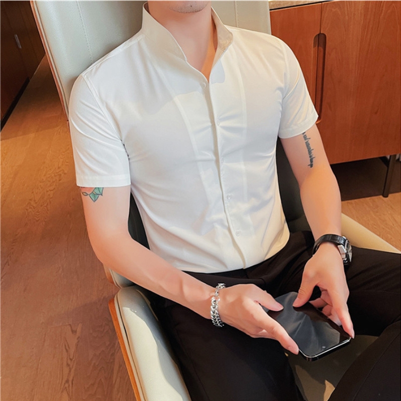Áo sơ mi nam cộc tay hàn quốc , cổ trụ tay ngắn dáng ôm công sở, chất vải lụa Satin co giãn, thoáng mát