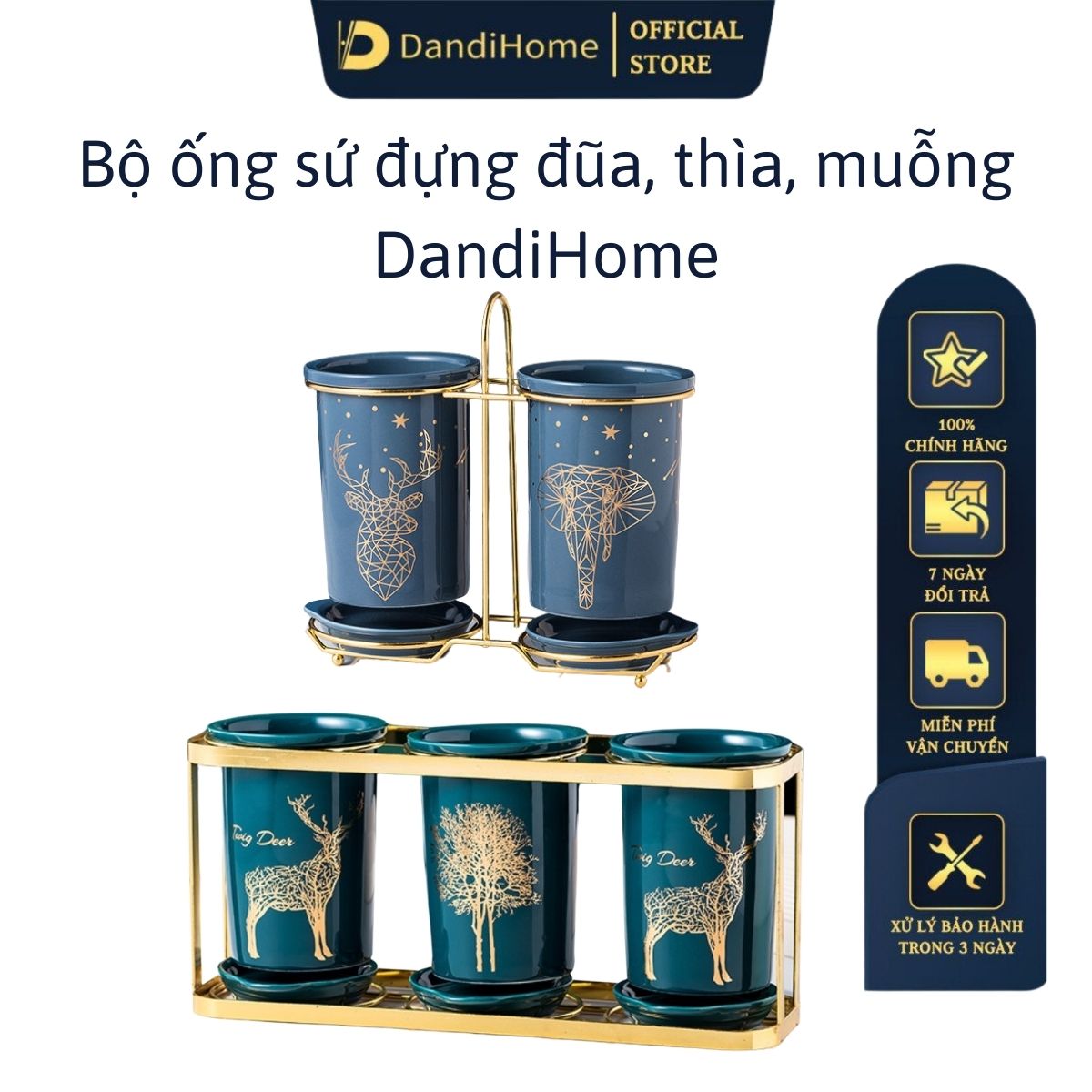 Bộ ống đựng sứ QH.Home DandiHome đựng đũa, thìa, muỗng cao cấp kèm khung thép