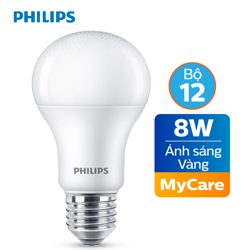 Bộ 12 bóng đèn philips led mycare 8w 3000k e27 a60 - ánh sáng vàng