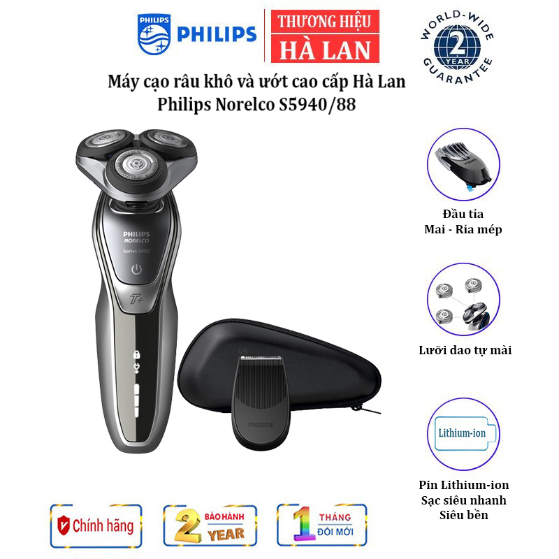 Máy cạo râu khô và ướt cao cấp thương hiệu philips norelco serial 5000 s5940/88 - nhập khẩu hà lan, bảo hành 2 năm