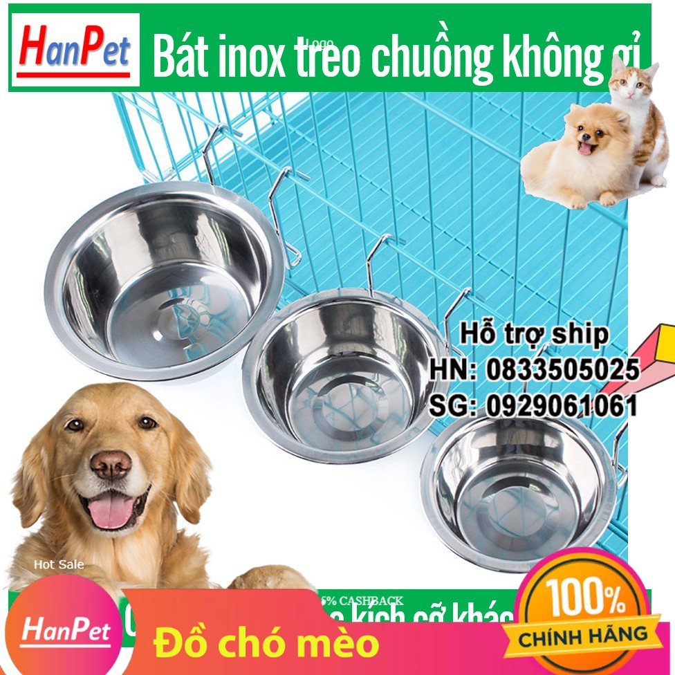 Hanpet- Bát ăn cho chó mèo - Bát inox treo chuồng có giá đỡ chén ăn uống cho chó mèo