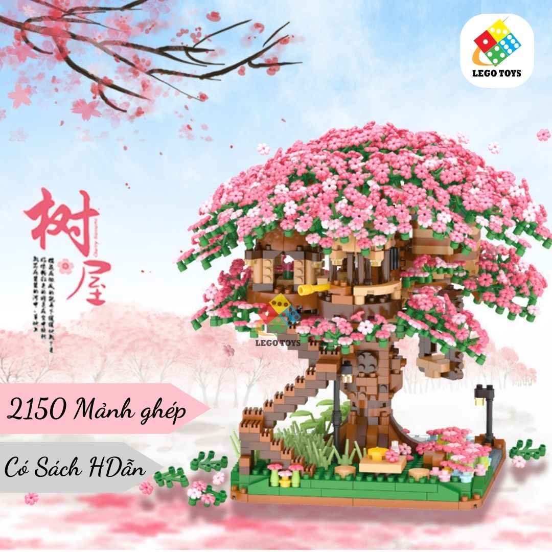 Mô hình lắp ráp hoa anh đào 2150 psc - bộ đồ chơi xếp hình ngôi nhà trên cây, hoa bonsai cây cảnh - tặng dây led