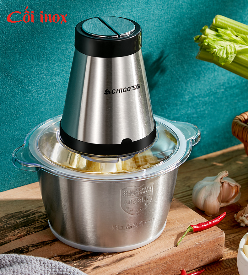 Máy xay thịt, tỏi, ớt, cua đa năng chigo 4 lưỡi xay công suất lớn 300w dung tích 2 lít bảo hành 1 đổi 1