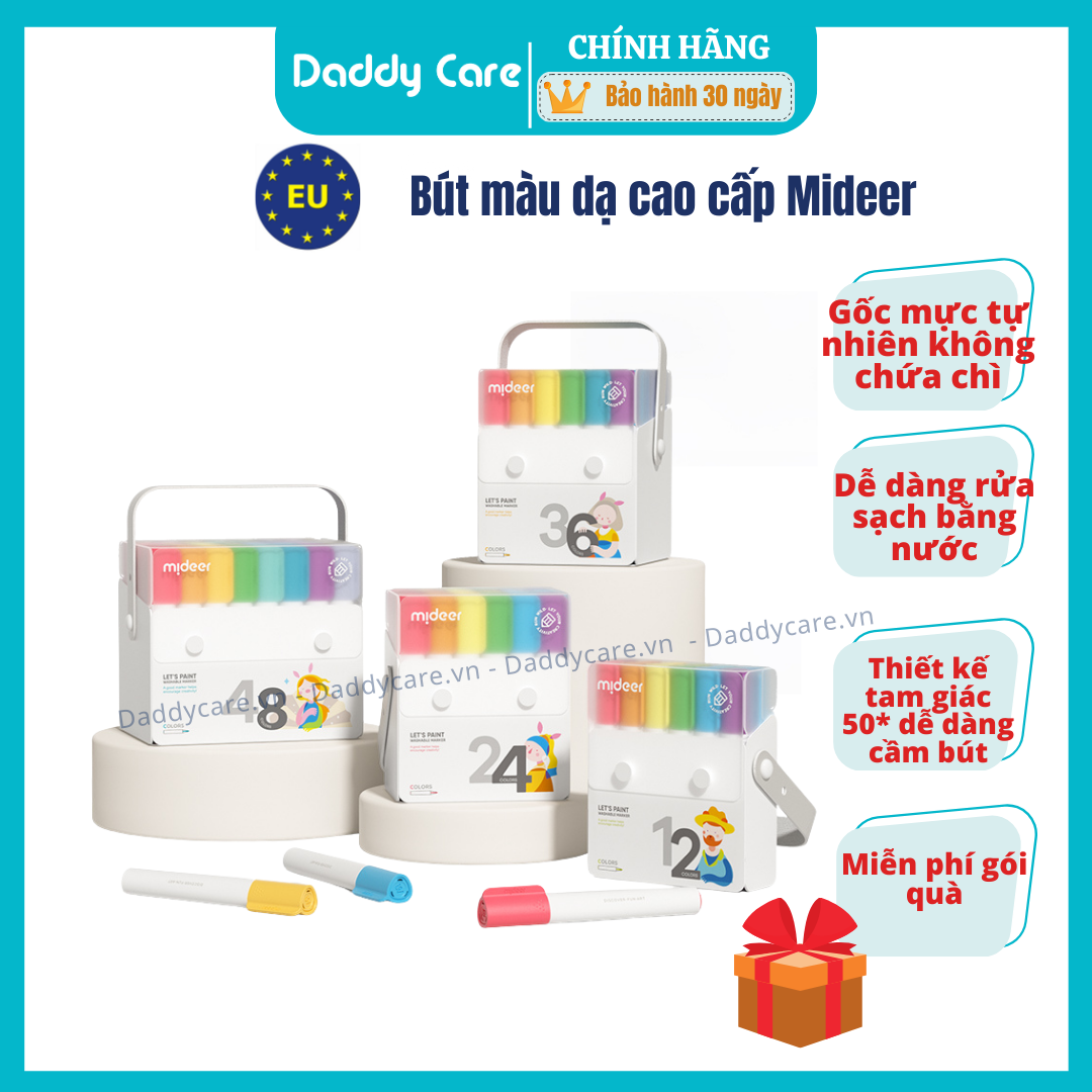 Hộp Bút Dạ Màu Nước An Toàn cho bé Washable Marker Mideer, bộ bút highlight