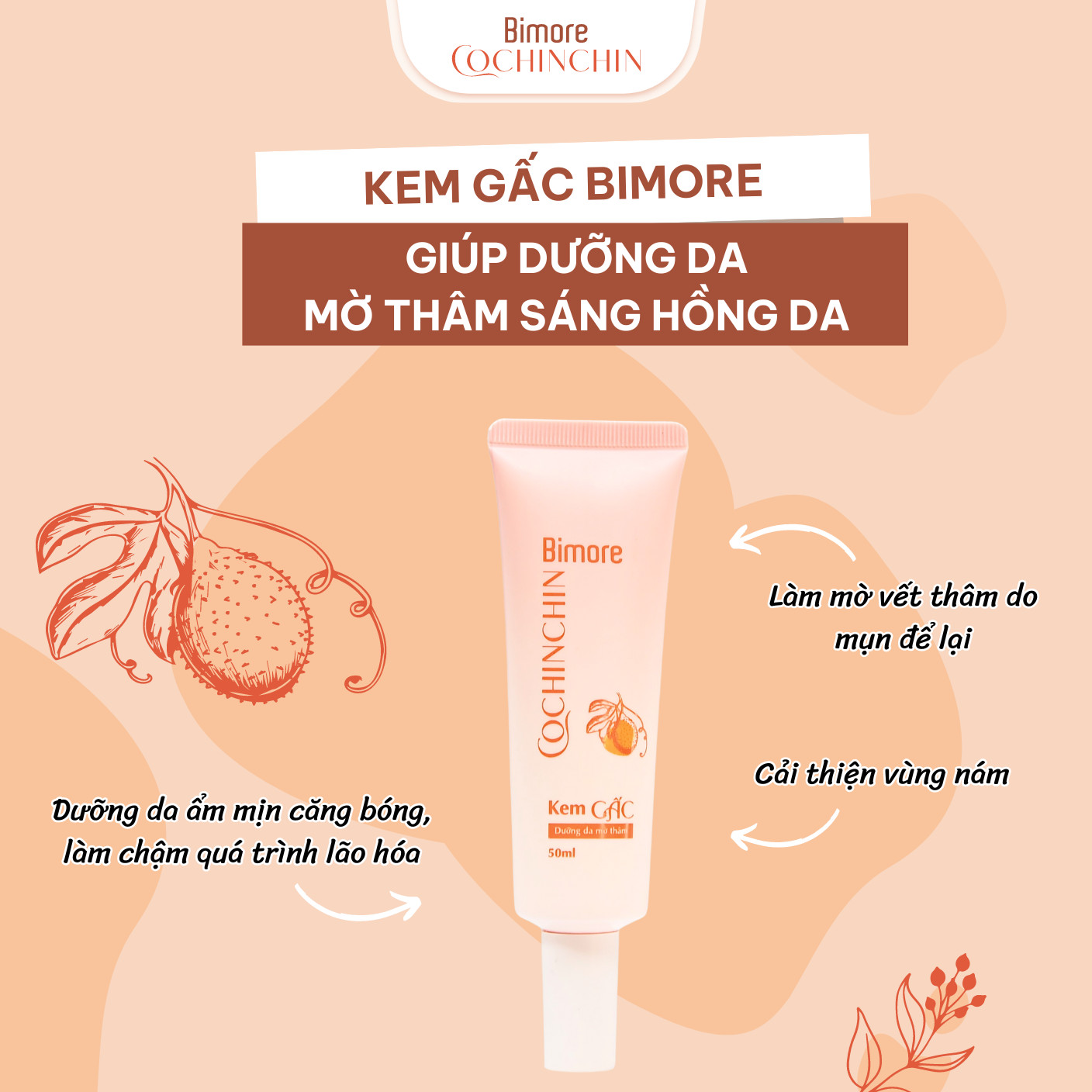 Kem Gấc dưỡng ẩm, sáng da, mờ thâm, làm đều màu da_Tuýp 50ml