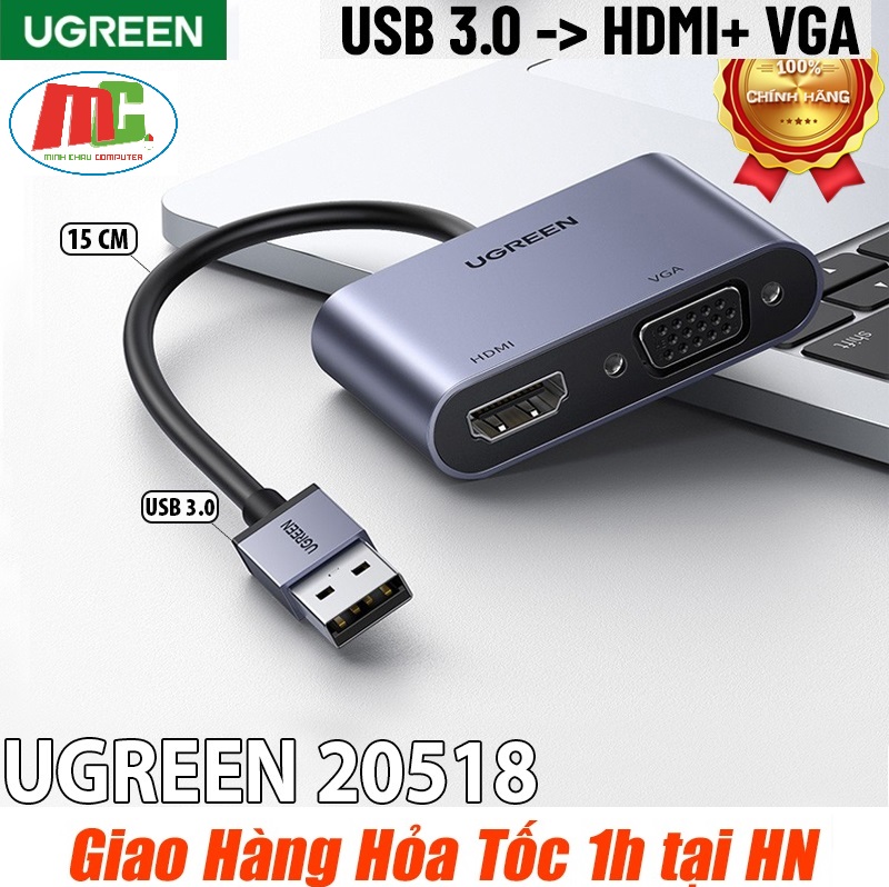 Cáp chuyển usb 3.0 sang hdmi và vga ugreen 20518 - hàng chính hãng