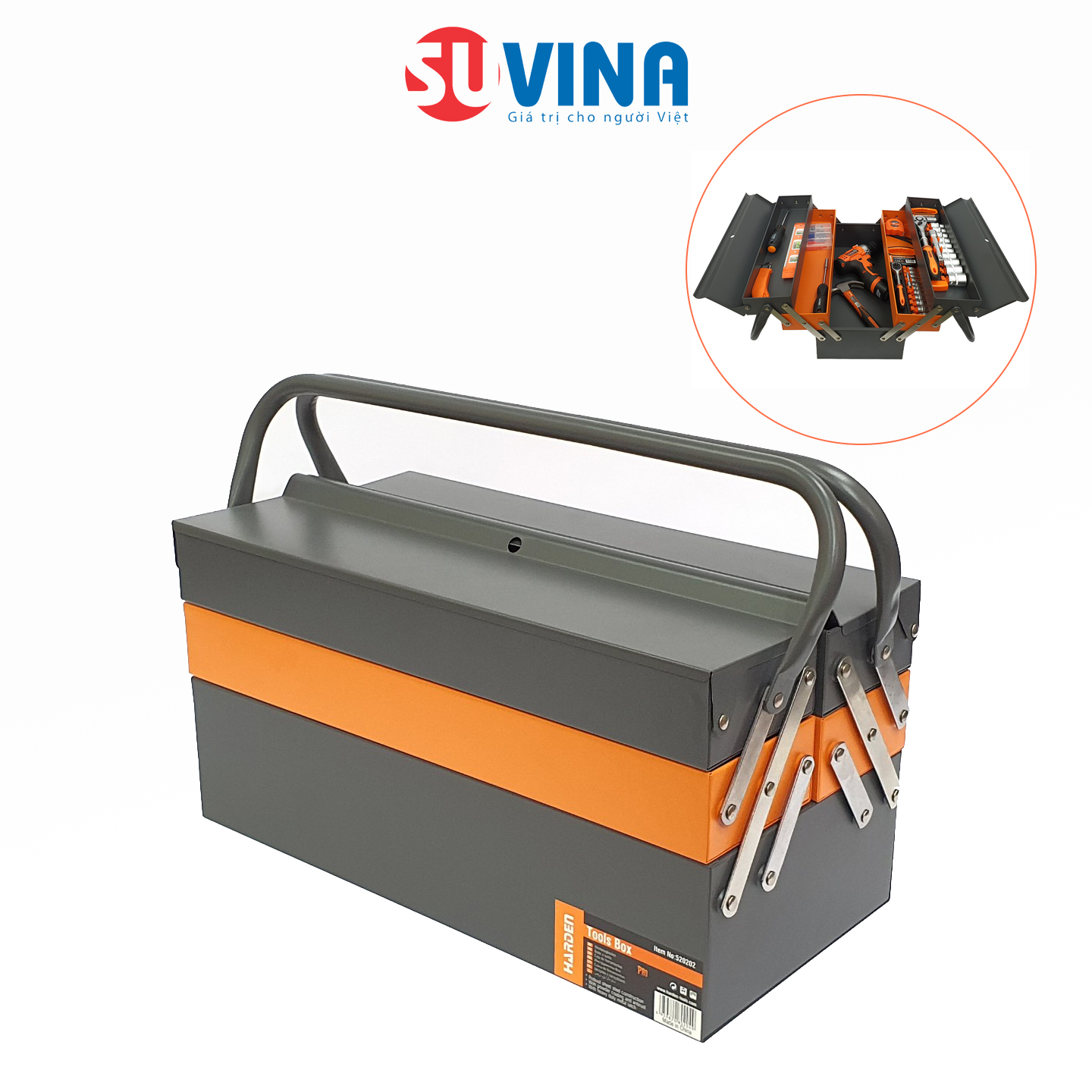 Hộp đựng dụng cụ, hộp đựng đồ nghề đa năng cỡ lớn thép cao cấp harden 520202 3 tầng 4 khay 2 tay cầm - có sức chịu tải lớn, sơn tĩnh điện sáng bóng, nhãn mịn, hạn chế trầy xước - 42x20x20cm - hàng