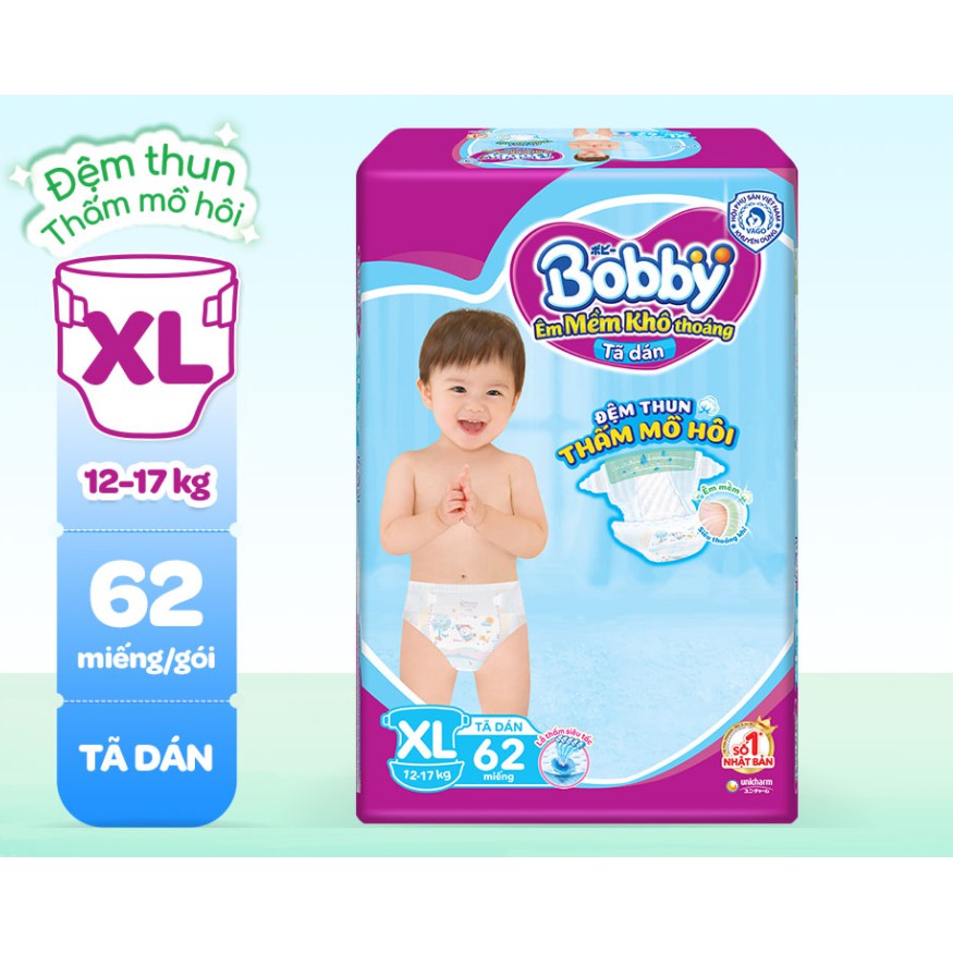 Tã dán bobby siêu mỏng thấm gói siêu lớn xl62