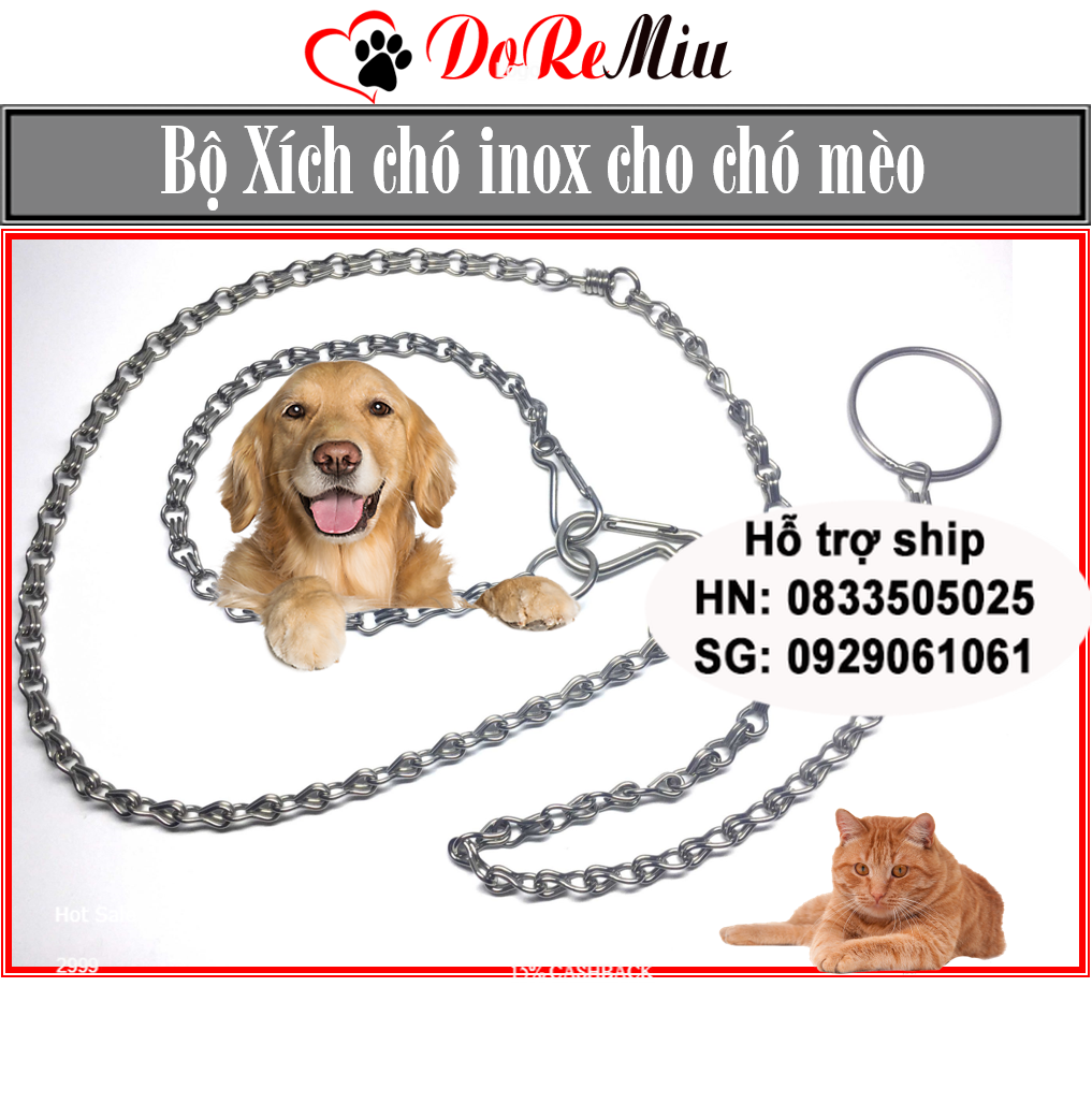 Doremiu- Bộ Xích chó mèo bằng inox 304 chống gỉ (4 size) Bảo hành 12 tháng hoàn tiền gấp đôi