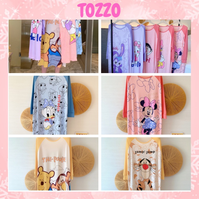 Váy đầm ngủ dài tay form bigsize TOZZO dáng suông in hoạt hình cute dễ thương mặc ở nhà mùa thu chất liệu cotton VD02
