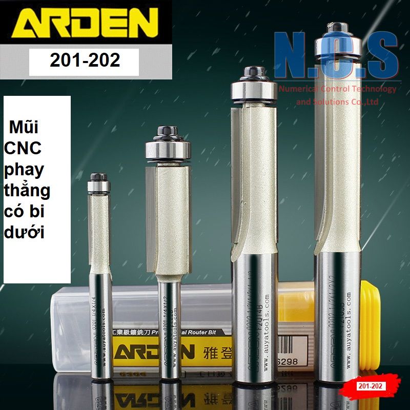Arden 0201-0202: mũi cnc phay gỗ thẳng có bi dưới cán 6.35mm và 12.7mm
