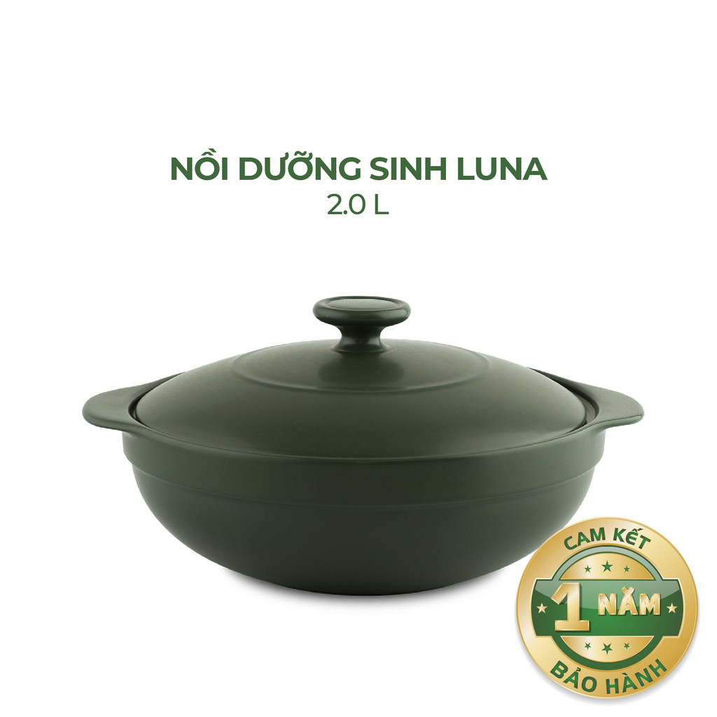 Nồi Sứ Dưỡng Sinh Minh Long Luna 2.0 L dùng cho Bếp Ga, Hồng Ngoại có nắp đậy sứ đẹp cao cấp, chắc chắn, an toàn sức khỏe, thực phẩm chín sâu và đều