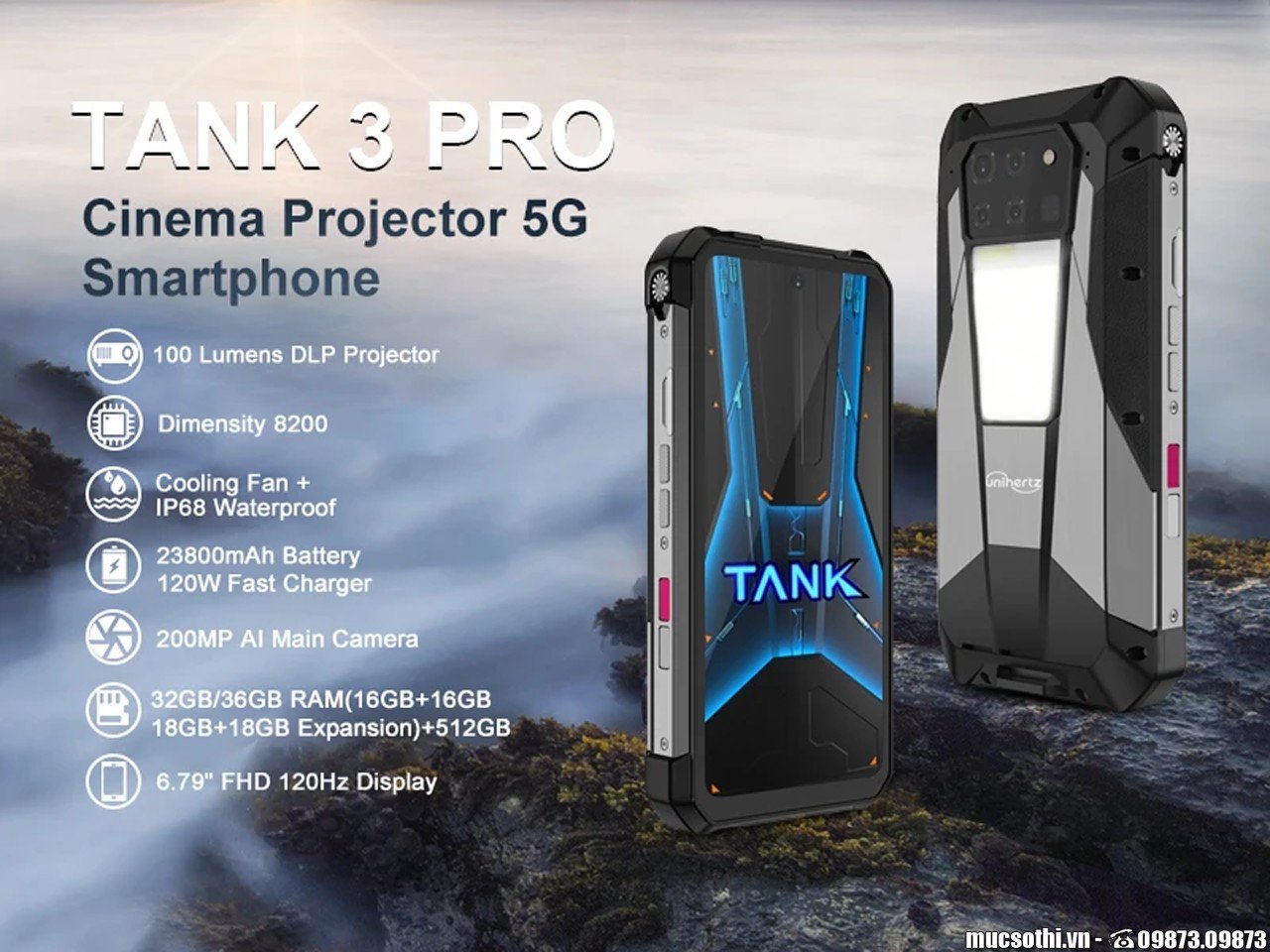 Điện thoại Unihertz Tank 3 Pro (máy chiếu 100 lumens, 120Hz, RAM 32GB/36GB, ROM 512GB,Pin 23800mAh, sạc nhanh 120W) có NFC