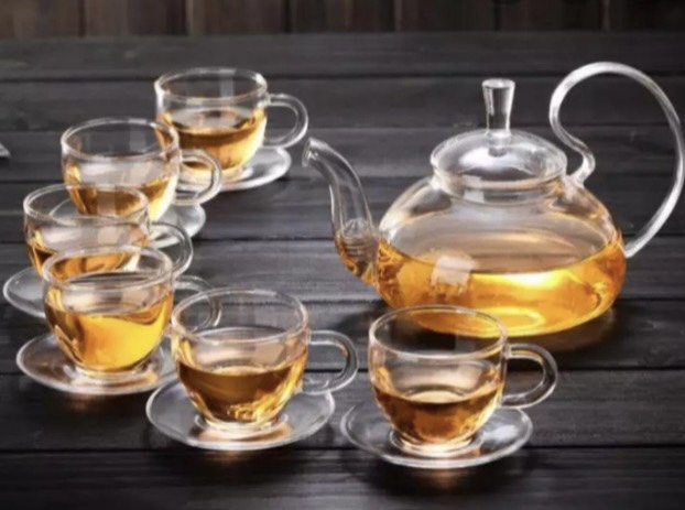 Bộ ấm thủy tinh tay vồng kèm 6 cốc, 6 đĩa pha trà