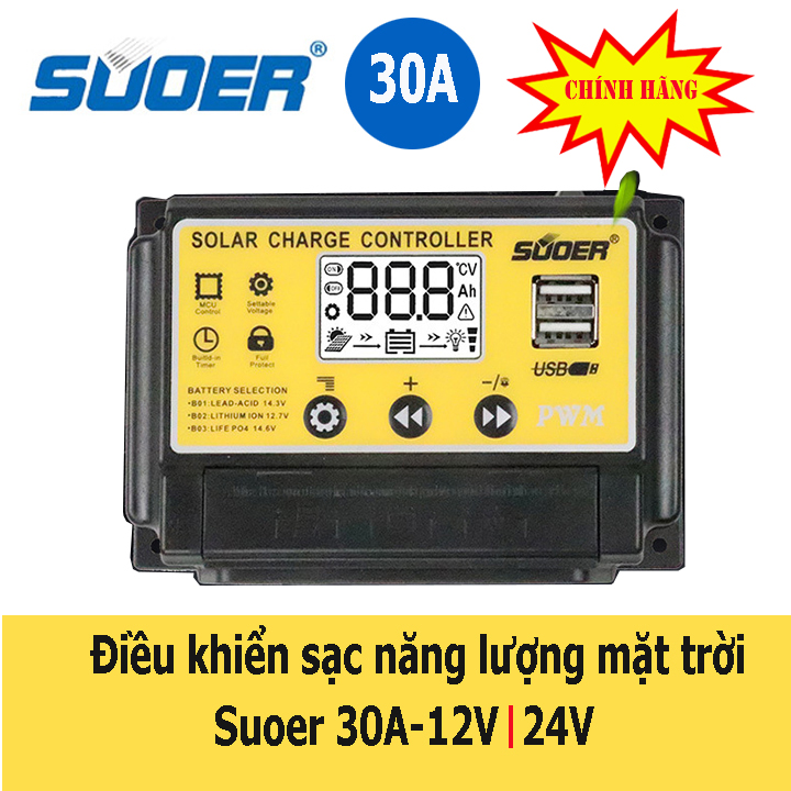 Bộ sạc năng lượng mặt trời Suoer 30A 12v 24v ST-S1230 - dieu khien sac pin nang luong mat troi