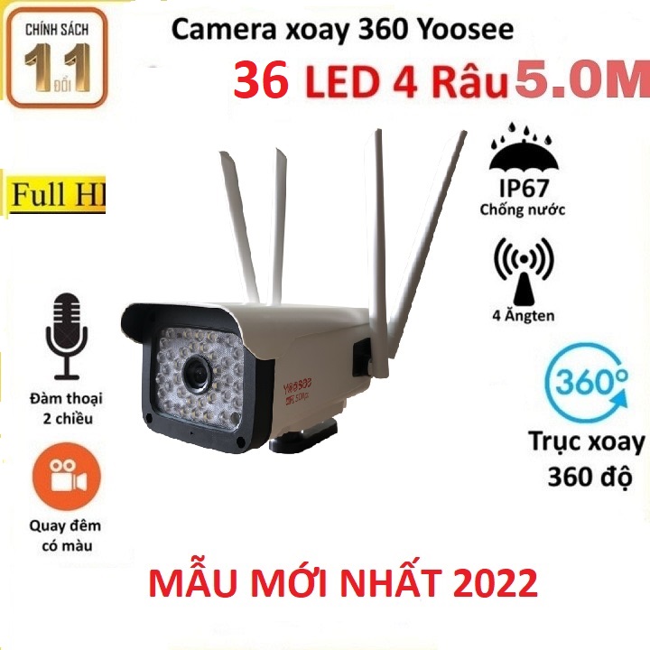 Bộ camera yoosee ngoài trời 4 râu 5.0MP Thân Xoay mẫu mới nhất 2022, hỗ trợ 36 đèn led, đàm thoại 2 chiều, có màu ban đêm, hình ảnh sắc nét