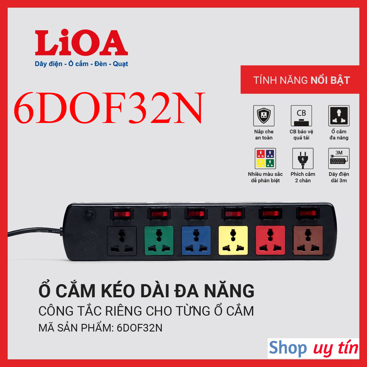 Ổ cắm lioa 6dof32n 6 lỗ đa năng mỗi lỗ 1 công tắc kéo dài 3m - lioavietnam