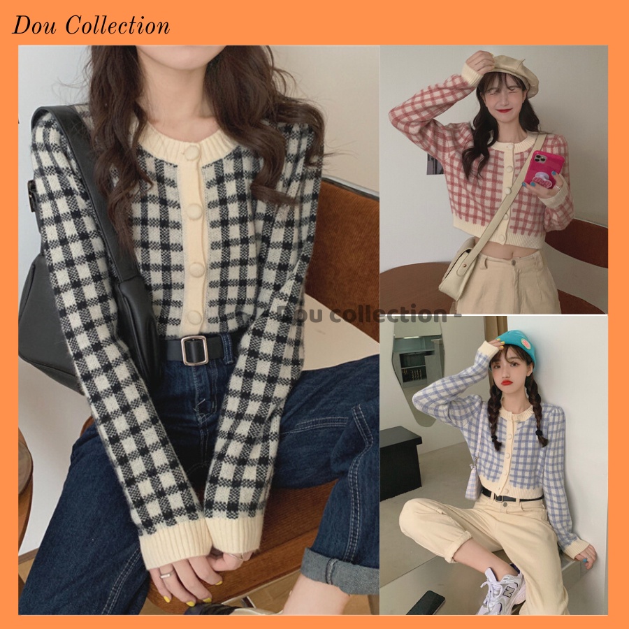 Áo khoác dệt kim họa tiết caro, áo khoác len dài tay thời trang thu đông -dou collection - mã ta029