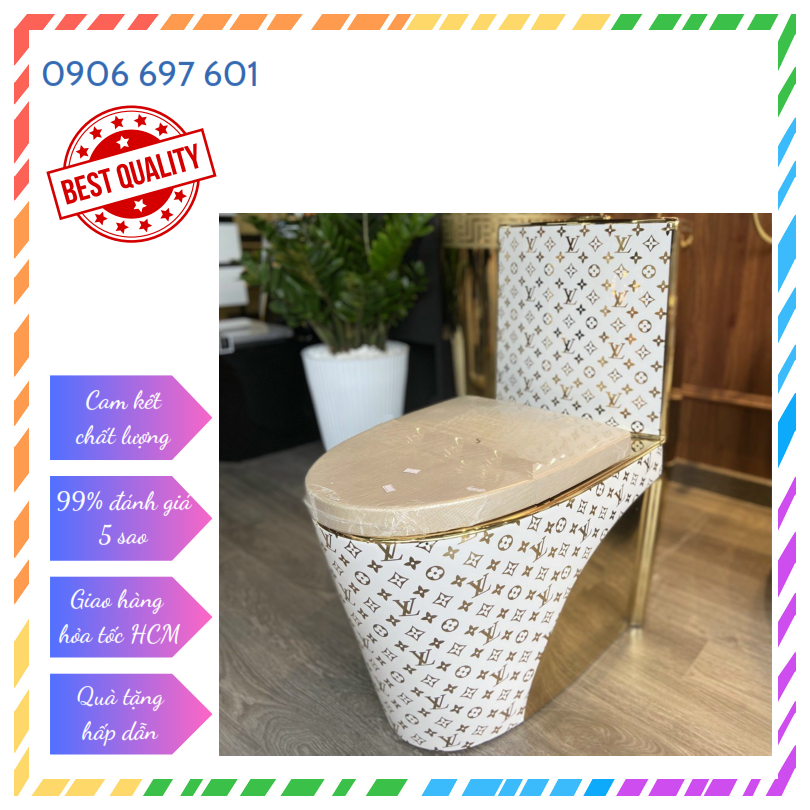 Bồn cầu liền khối, bồn cầu 1 khối, xả xoáy thoát mạnh bc009 - kiểu hoa văn mạ vàng - nắp đóng êm - men phủ nano cao cấp không phai màu bảo hành 20 năm - chính hãng audi