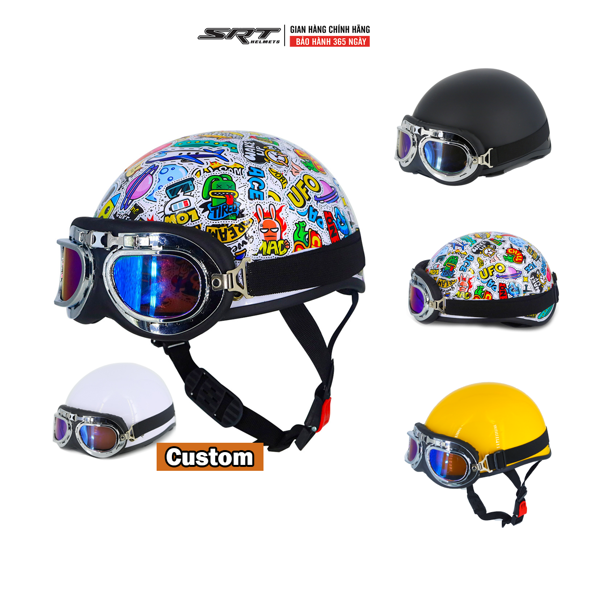 Mũ Bảo Hiểm Nửa Đầu kèm kính phi công, kính UV SRT- tặng sticker chống nước