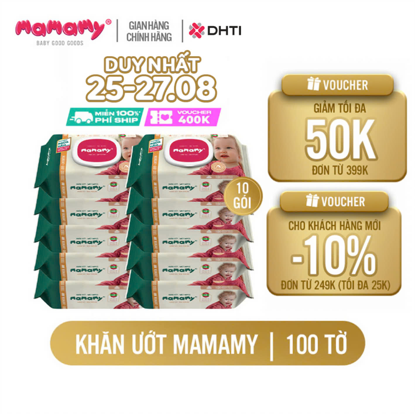 Combo 10 Khăn giấy ướt 100 tờ có nắp chủ động ngừa hăm Mamamy