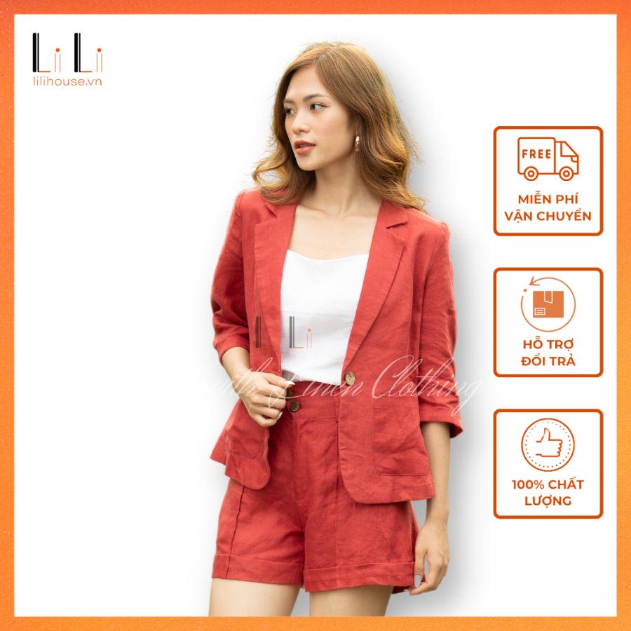 Set Vest Blazer Nữ Áo Tay Lửng Phối Quần Short Ống Rộng Màu Đỏ Chất Vải Linen Cao Cấp Thiết Kế Dáng Công Sở - LiLi - Thời trang Linen