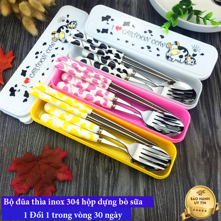 [ Big Sale ] Bộ Đũa Inox Cán Sứ Cao Cấp, Bộ Đũa Inox 304 Hộp Đựng Bò Sữa Siêu Cool, Bộ Đũa Cao Cấp 3 In 1 Đủ Màu