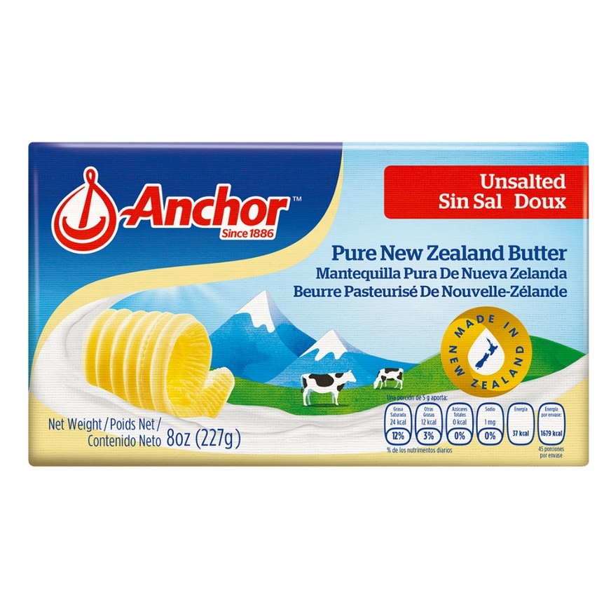 Bơ Lạt Anchor New Zealand 227gr/ Pure New Zealand Butter Unsalted - Nhập Khẩu Chính Hãng