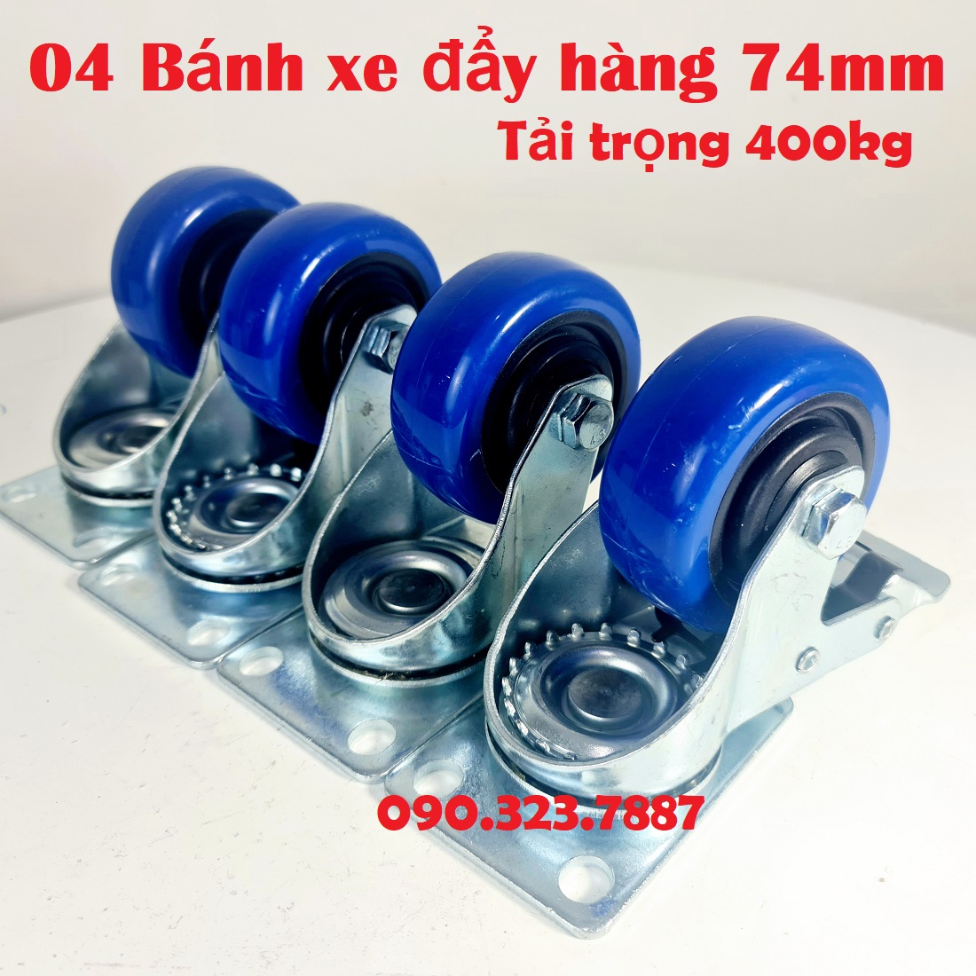 Bộ 4 bánh xe đẩy hàng 74mm, chịu tải tối đa 400kg lắp cho xe kéo, xe đẩy hàng.