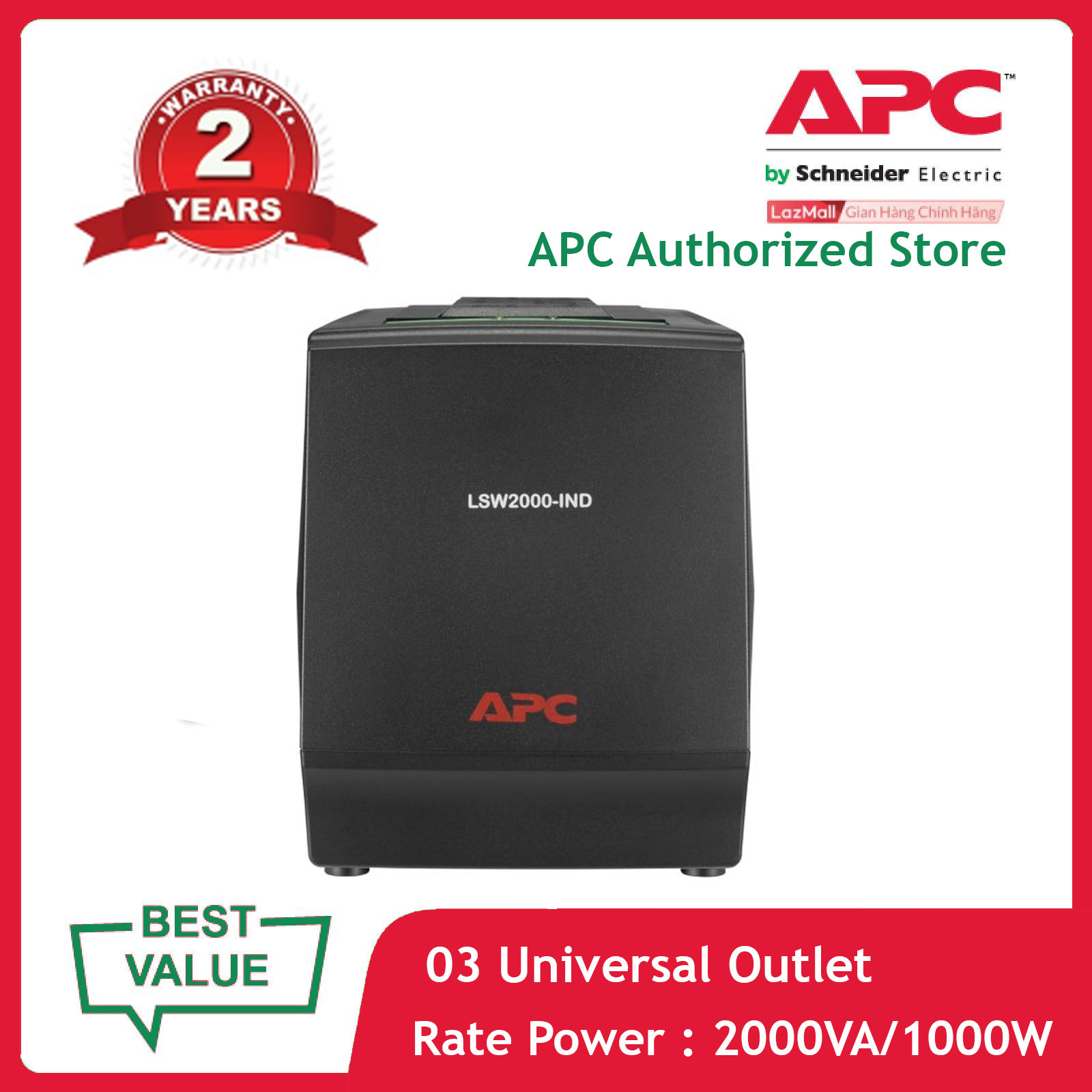 Ổn Áp APC: Line-R 2000VA Bộ điều chỉnh điện áp tự động, 3 đầu ra đa năng, 230V Indonesia - LSW2000-IND