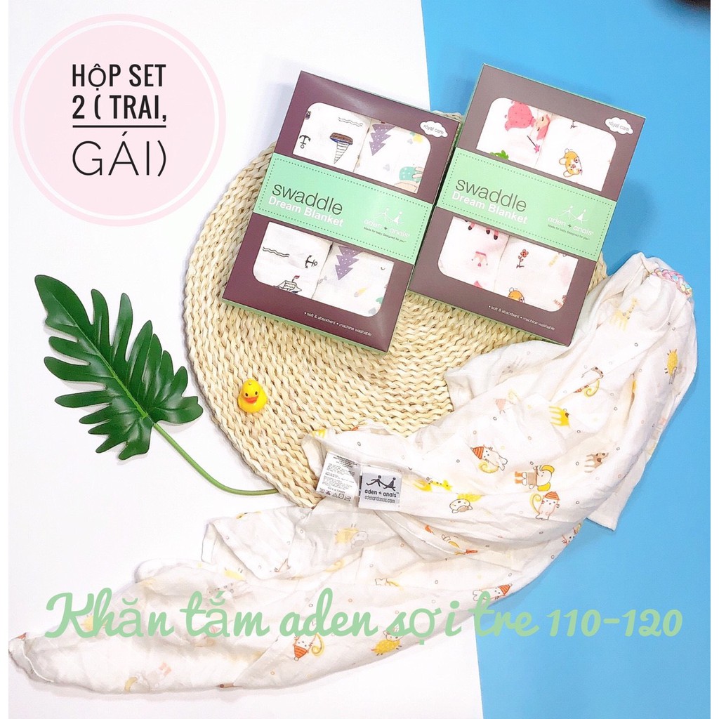 Hộp 2 khăn tắm sợi tre aden cao cấp 2 lớp khổ lớn 110x120 cm cho bé sơ sinh, khăn quấn bé cực xịn