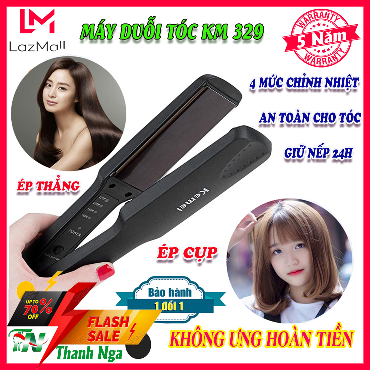 Máy duỗi tóc uốn tóc là tóc ép tóc kẹp tóc mini cầm tay, Máy là tóc bản to có 4 mức chỉnh nhiệt kemei KM329 hàng chính hãng