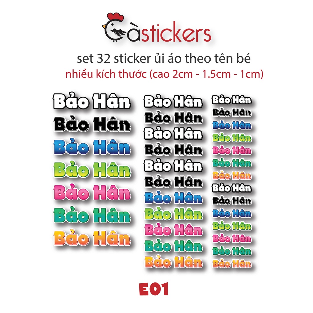 Sticker ủi áo in tên trẻ em GaStickers UT-E01 nhiều kích thước
