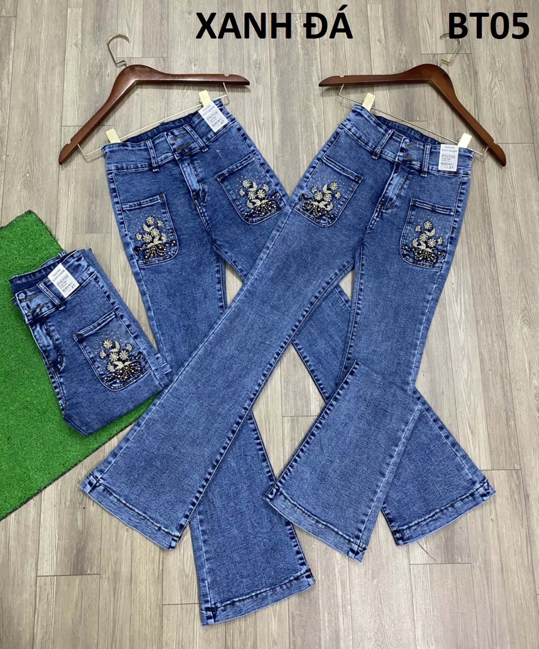 [HCM]Quần jean nữ ống loe thêu túi màu xanh đá BT05