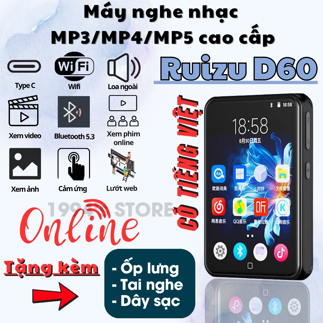 Ruizu D60 Máy Nghe Nhạc Android MP3/MP4/MP5 - Có Tiếng Việt - WiFi, Bluetooth - Lướt Web, xem phim, ảnh, loa ngoài...